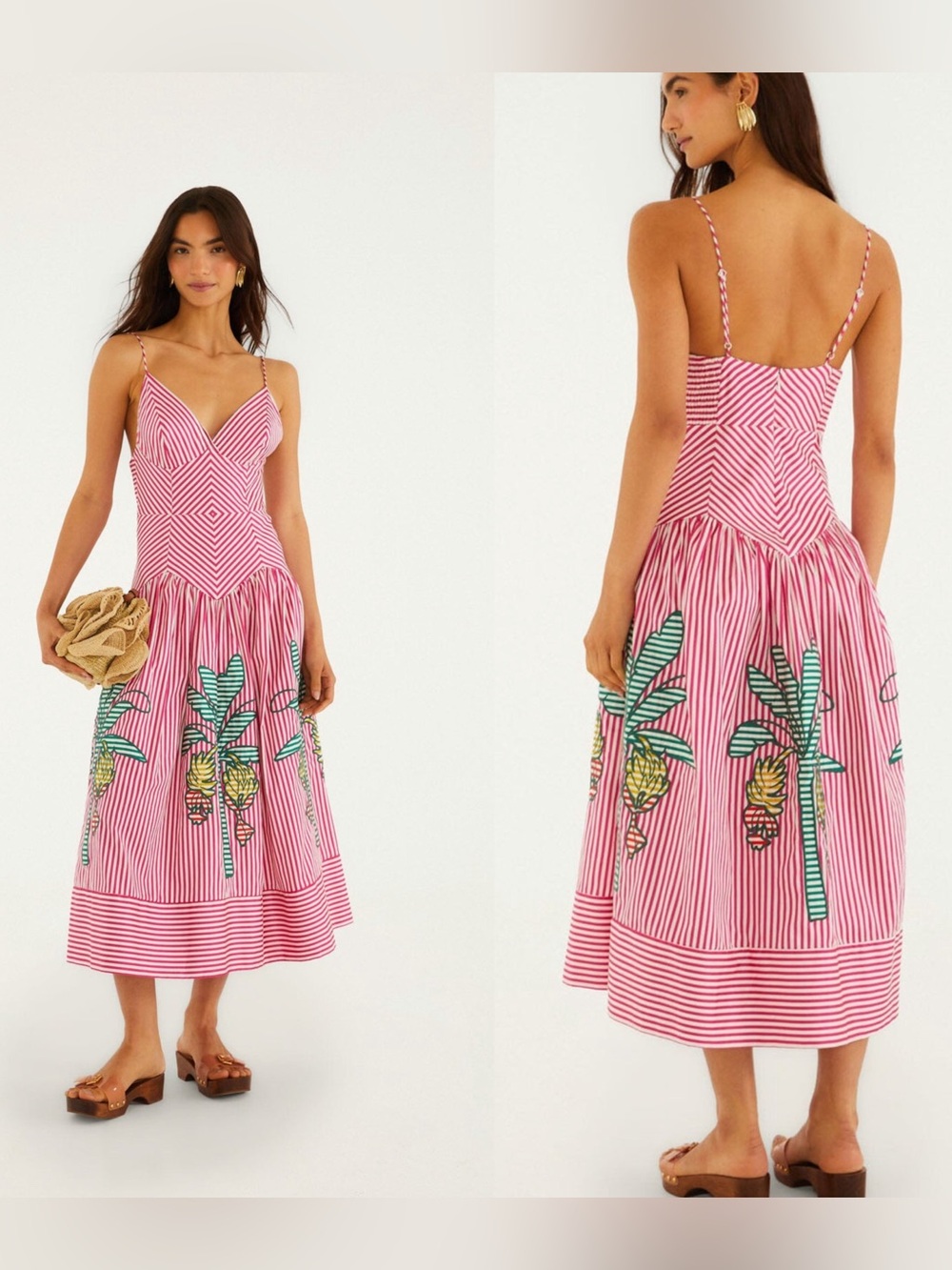 Farm Rio Pink Palm Tree Stripes Cutwork Midi Dress Medium